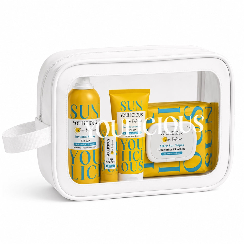 Summer essentials kit (Sun defense spray + sun defense gel cream + lip screen + after sun wipes) + bag free